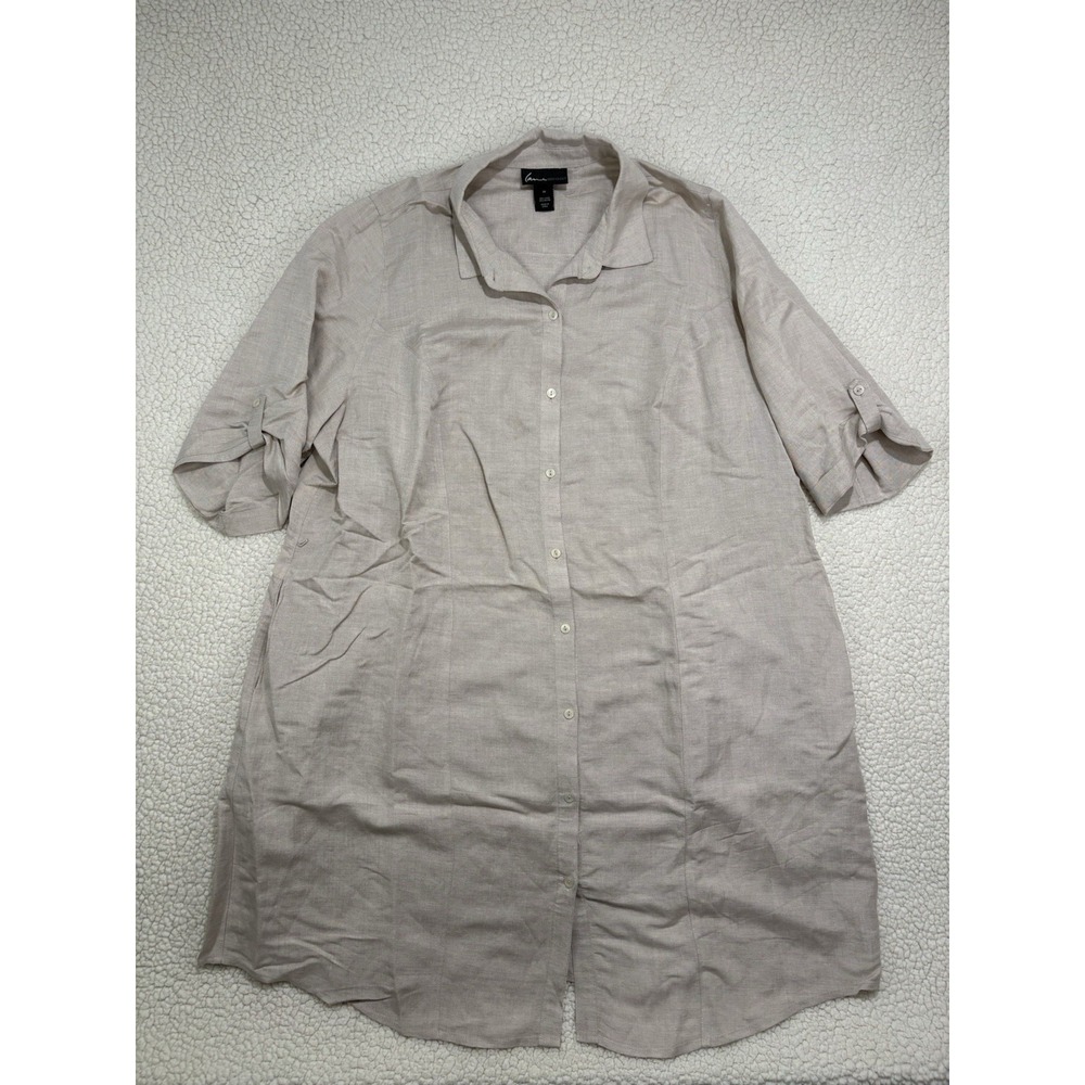 Lane Bryant Linen Blend Shirt Dress Plus Size 24 Midi‎ Oatmeal Button Roll Tab